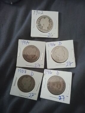 Assorted Vintage Barber Head Silver Coins - Lot of 5